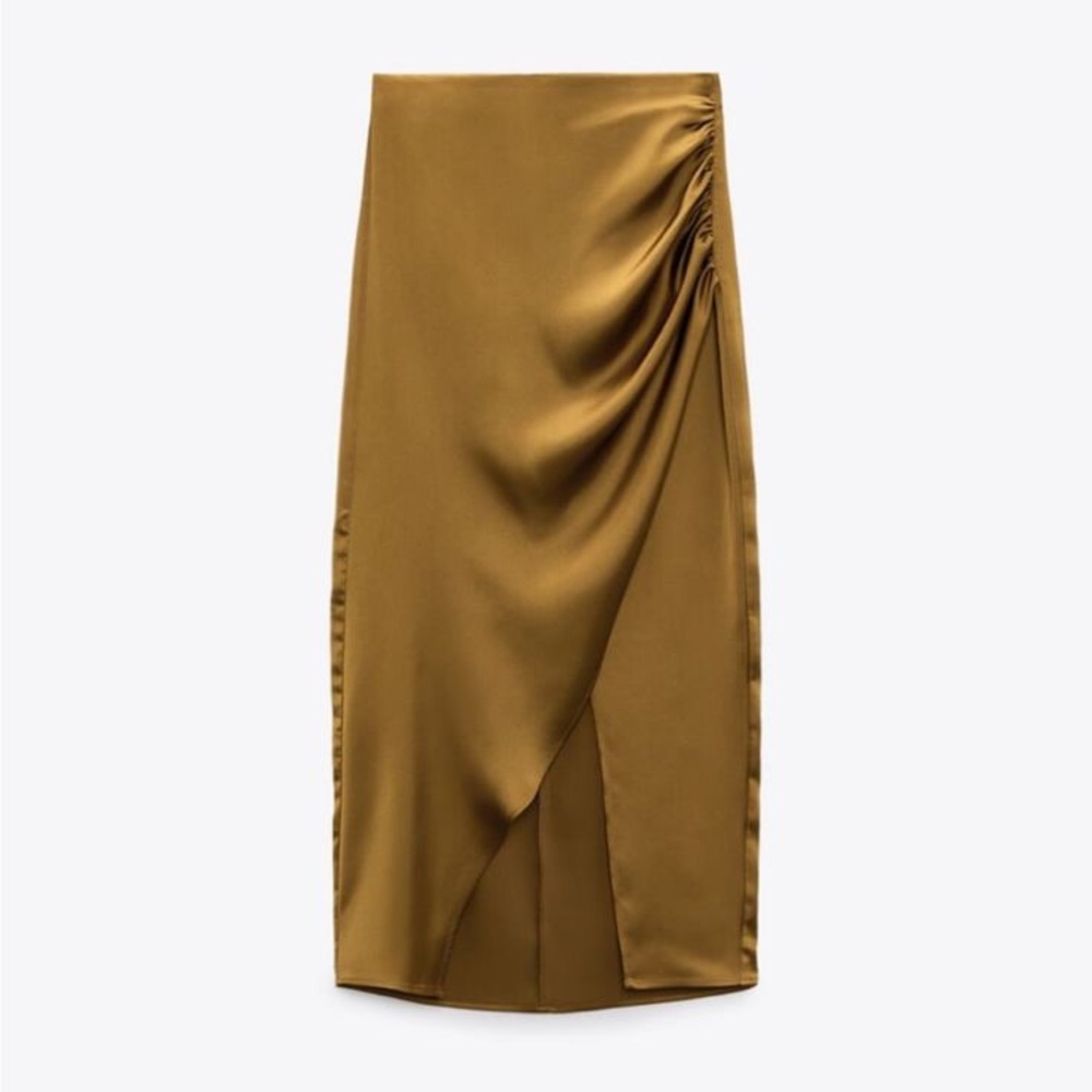 Zara Ruched Satin Skirt Gold Medium